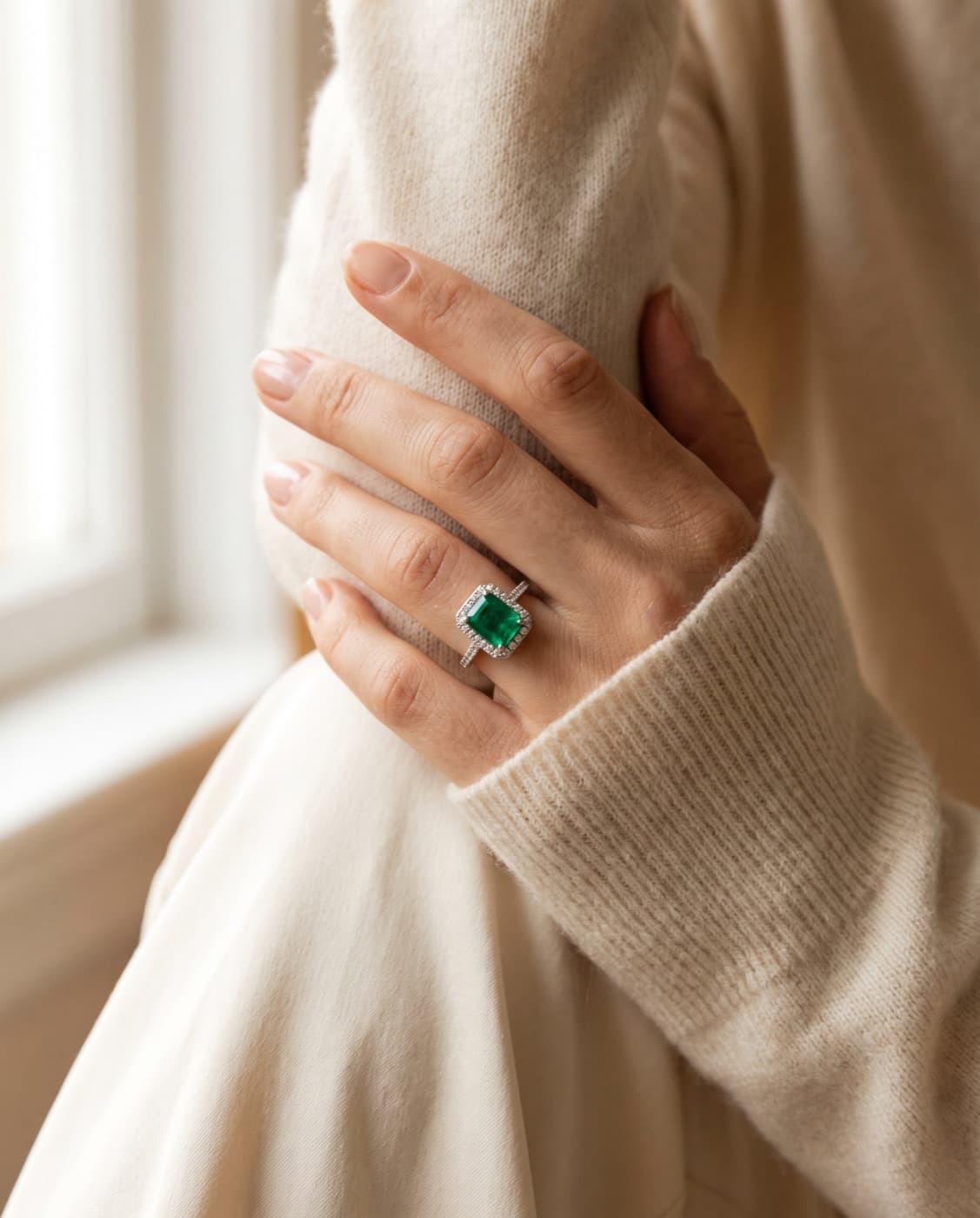 Bague en émeraude entourée de diamants, portée à la main sur une maille de cachemire écru