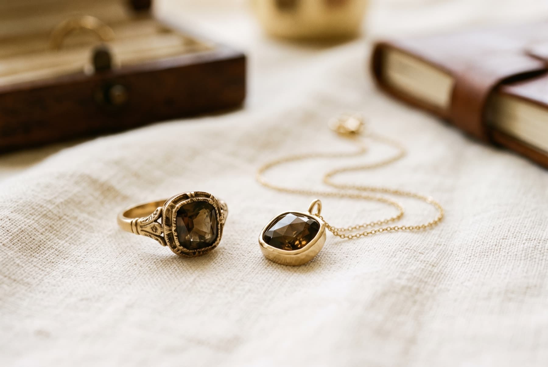 Bijoux en or anciens posés sur l'établi d'un joaillier avant expertise