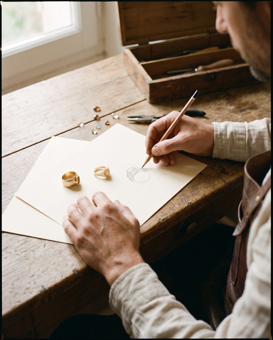Joaillier dessinant une bague à l'établi, esquisse et modèles en cire